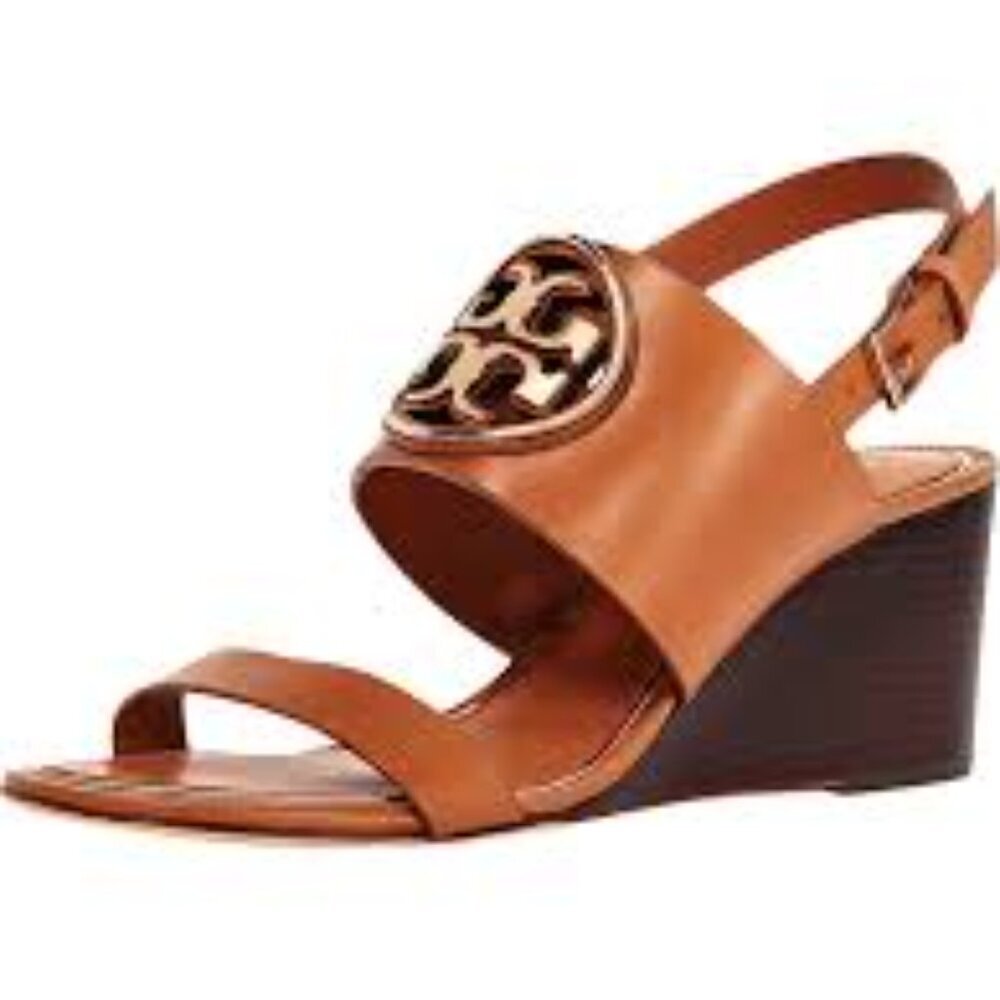 Tory Burch Metal Miller 65MM wedges leather Logo Size 10 NIB Tan Rose Gold